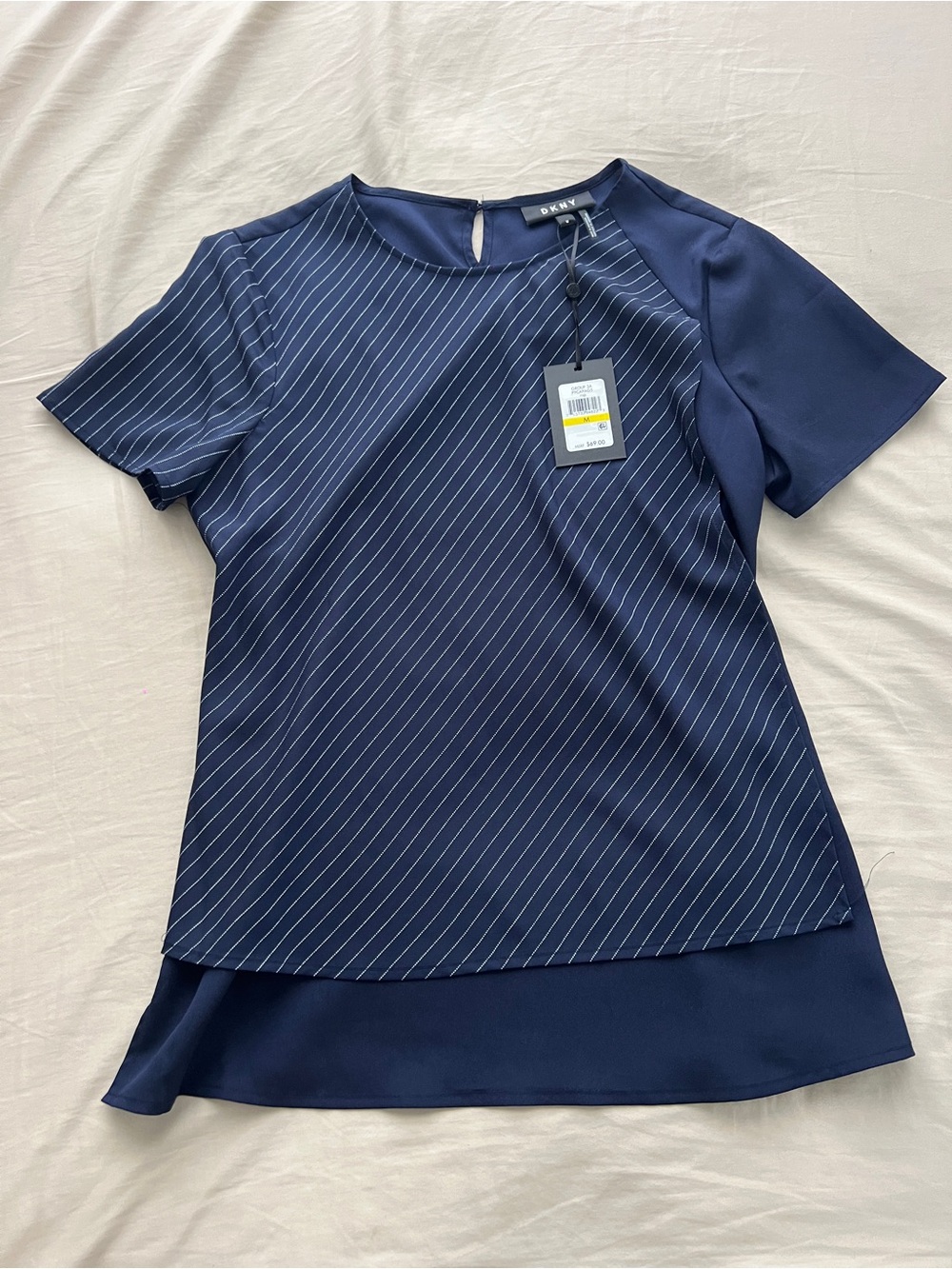 NEW DKNY Navy Pinstripe Short Sleeve Layered Top